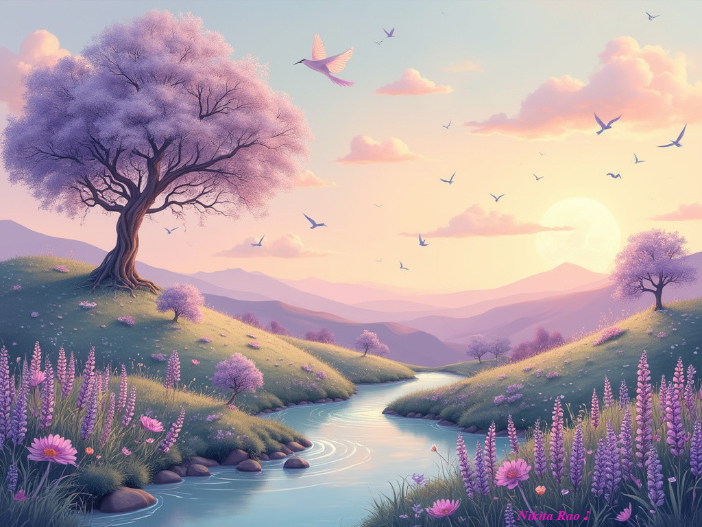 Serene landscape with cherry blossoms and a river