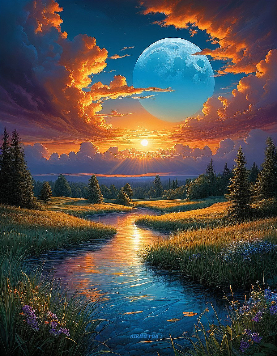 Vibrant Sunset Landscape with Moonlit Stream and Trees