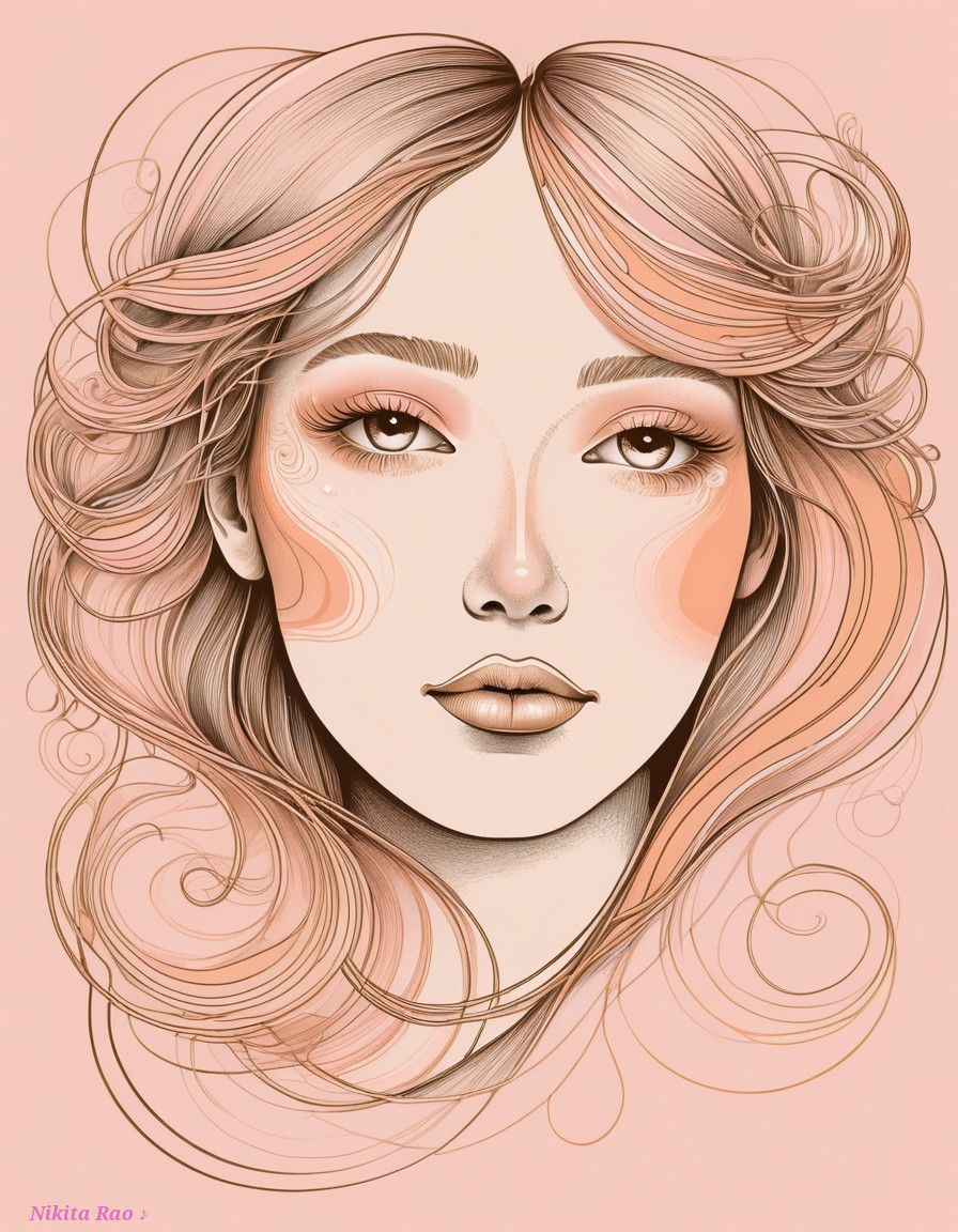Illustration of a woman's face with flowing hair and blush