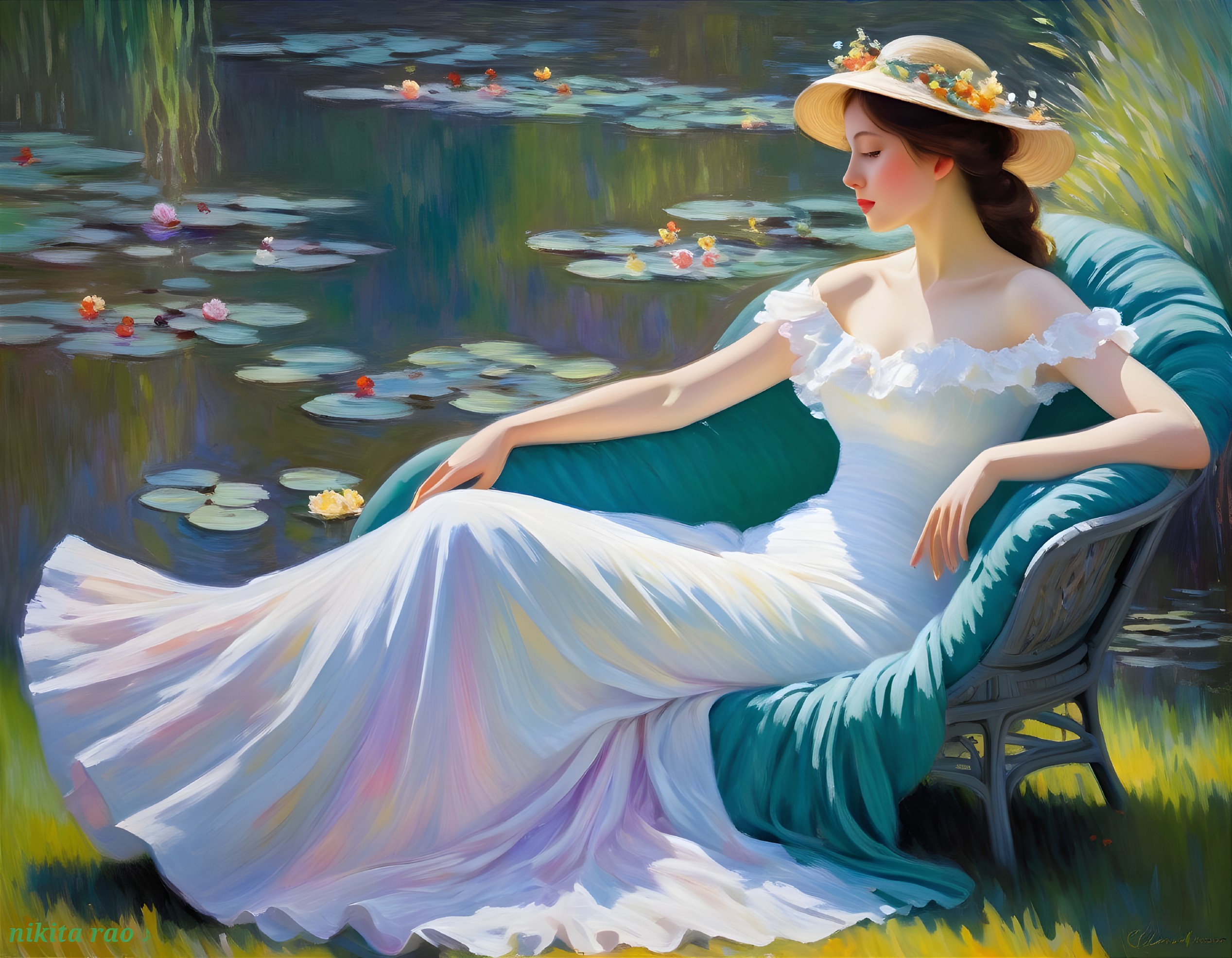 Young Woman in White Dress by Tranquil Pond