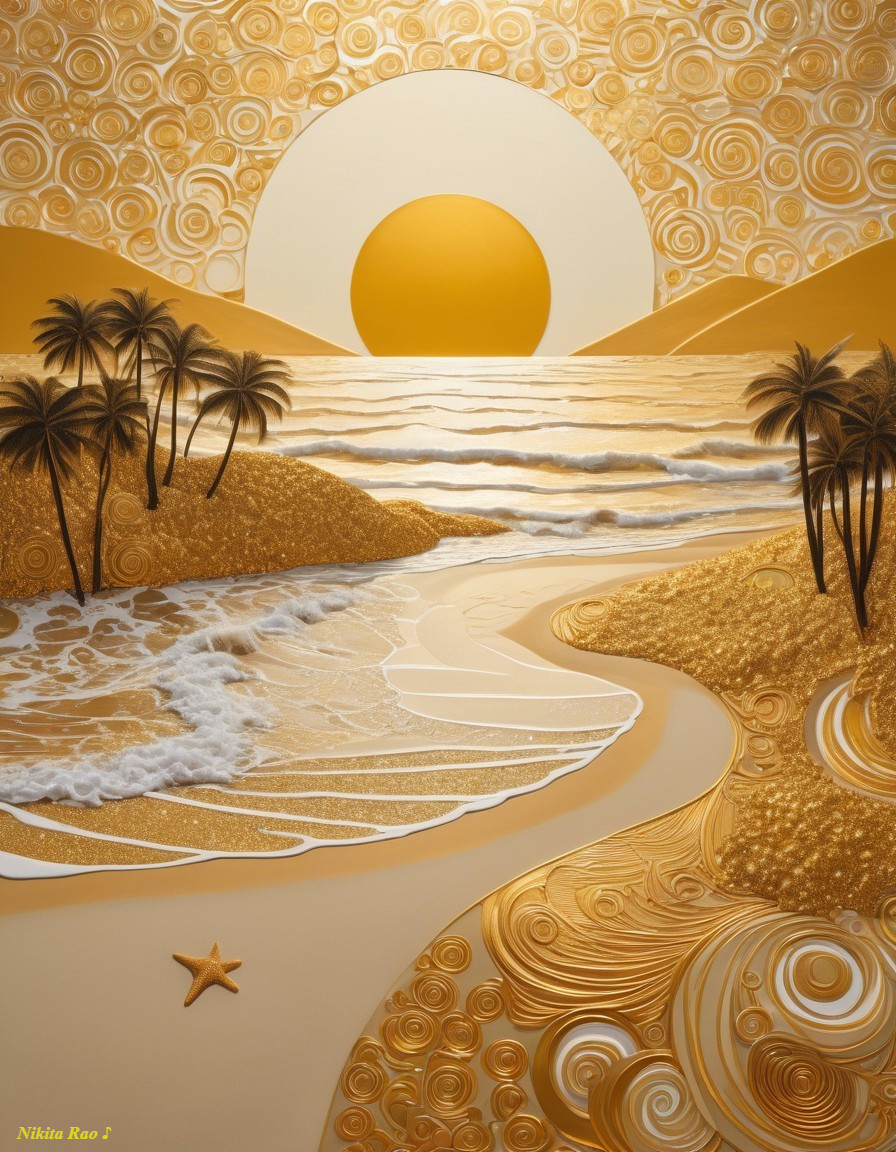 Tranquil Beach Scene with Golden Hues and Palm Trees