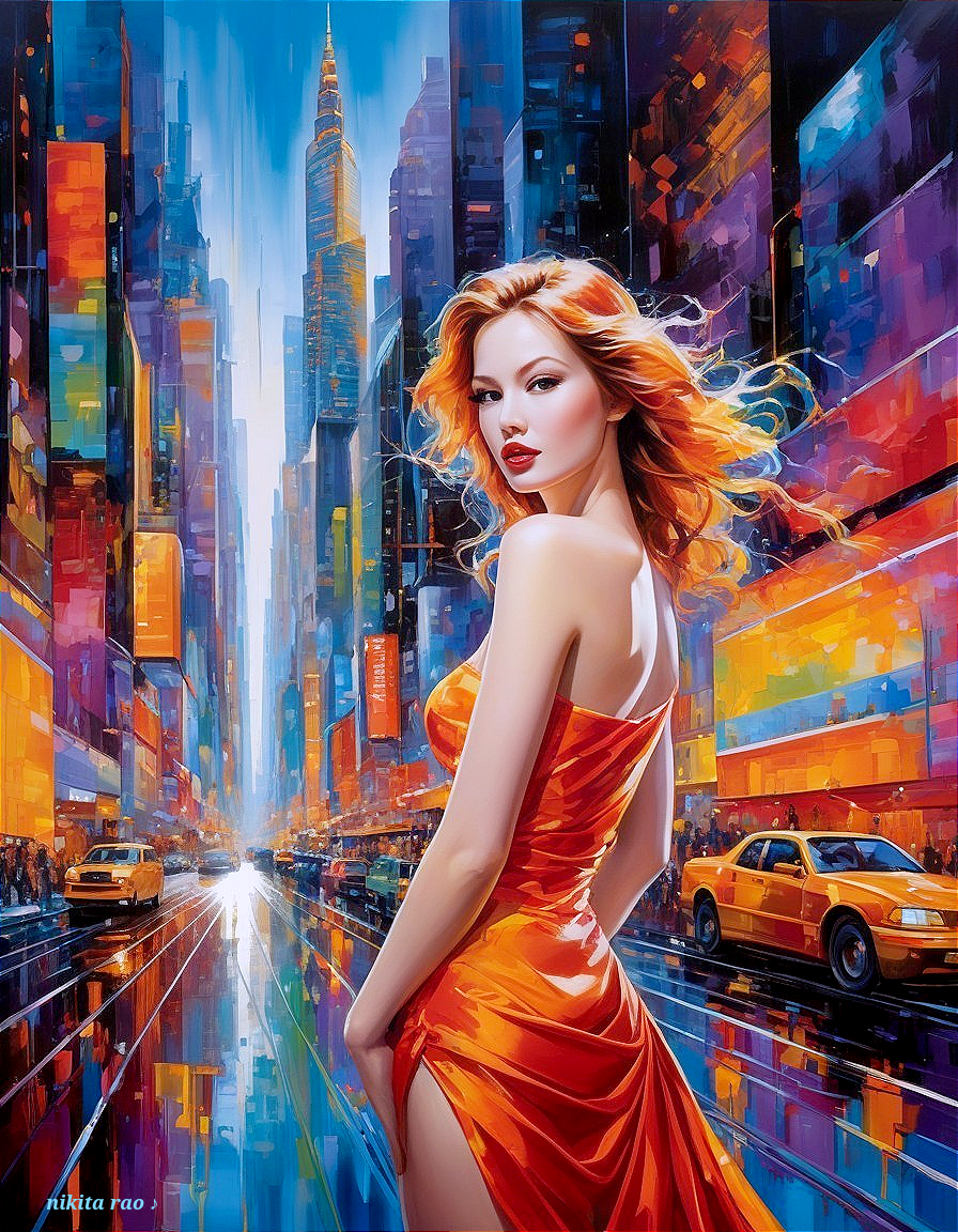 Neon Cityscape with Woman in Orange Dress and Red Hair