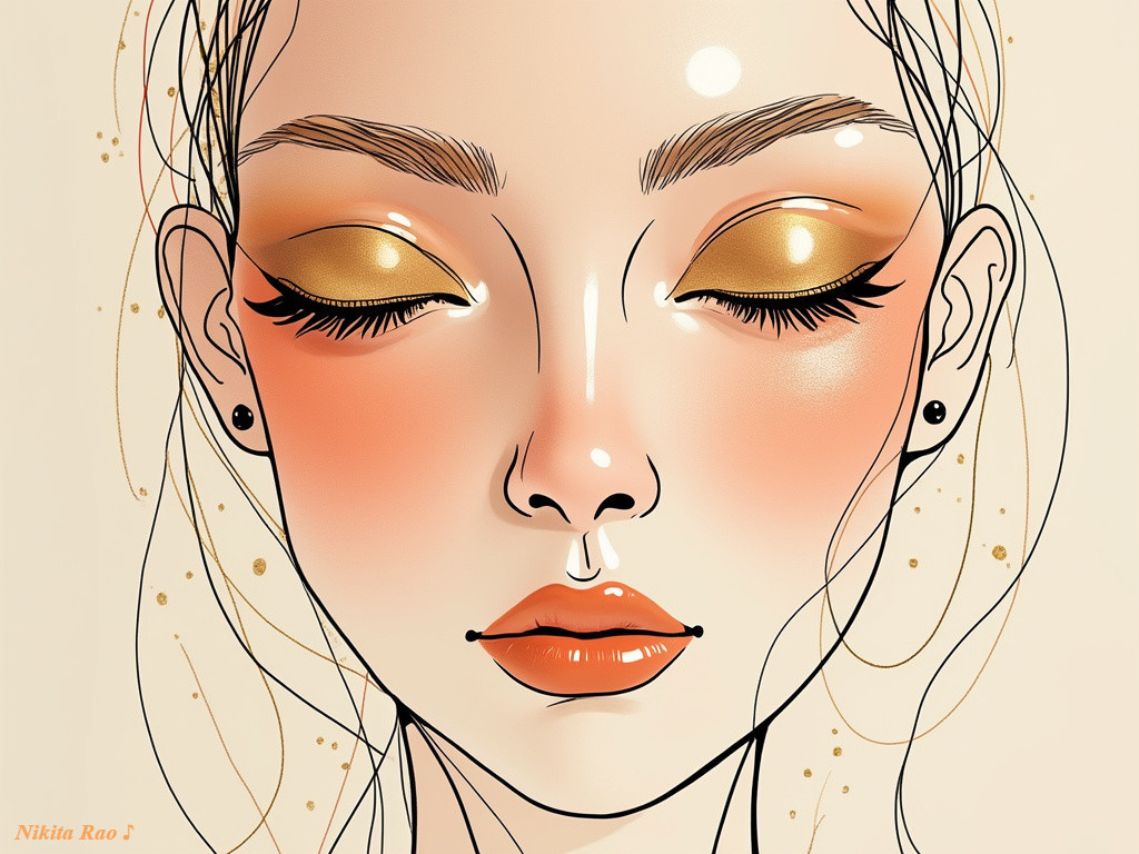 Close-up Illustration of Serene Woman's Face and Makeup