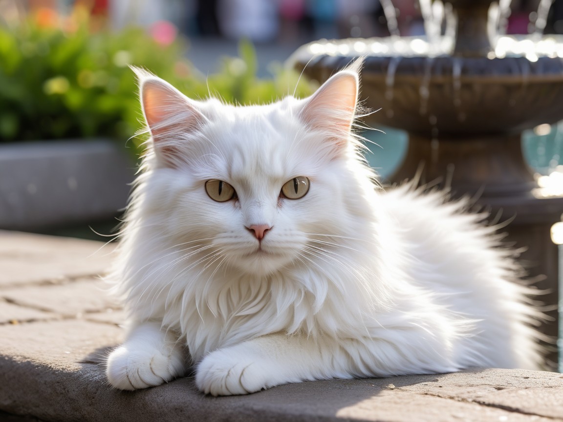 Fluffy White Cat Relaxing on Stone Ledge with Fountain