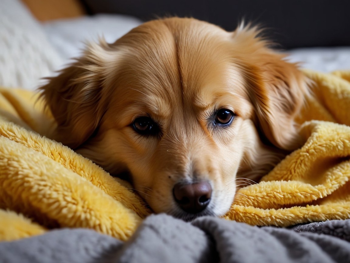 Golden Dog Resting on Cozy Yellow Blanket