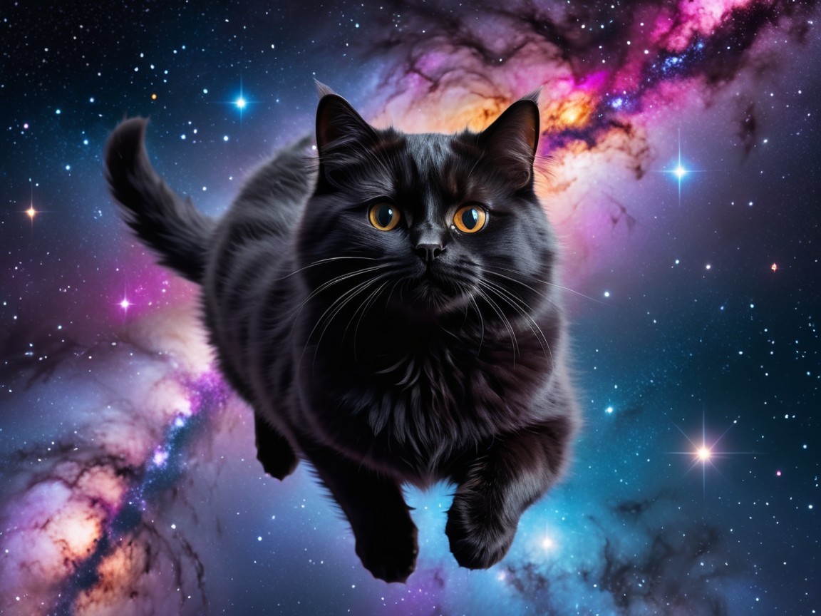 Black Cat in Cosmic Background with Galaxies and Stars