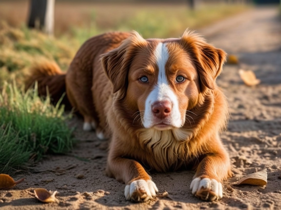 Brown and white dog resting on sandy path outdoors