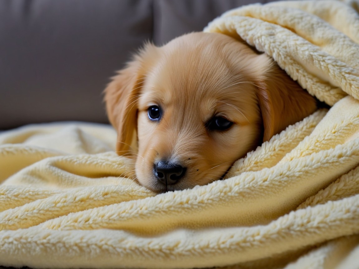 Fluffy Golden Puppy Under Soft Yellow Blanket