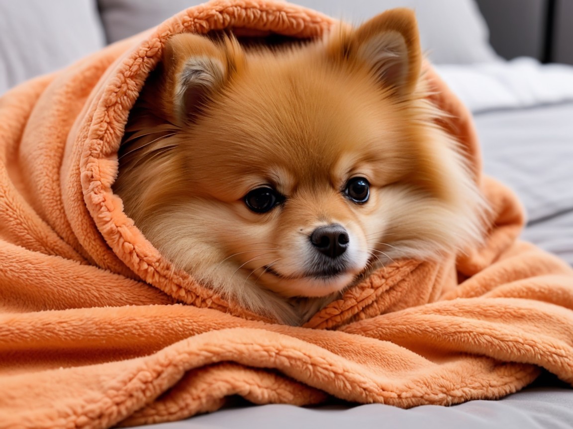 Pomeranian Dog Peeking from an Orange Blanket