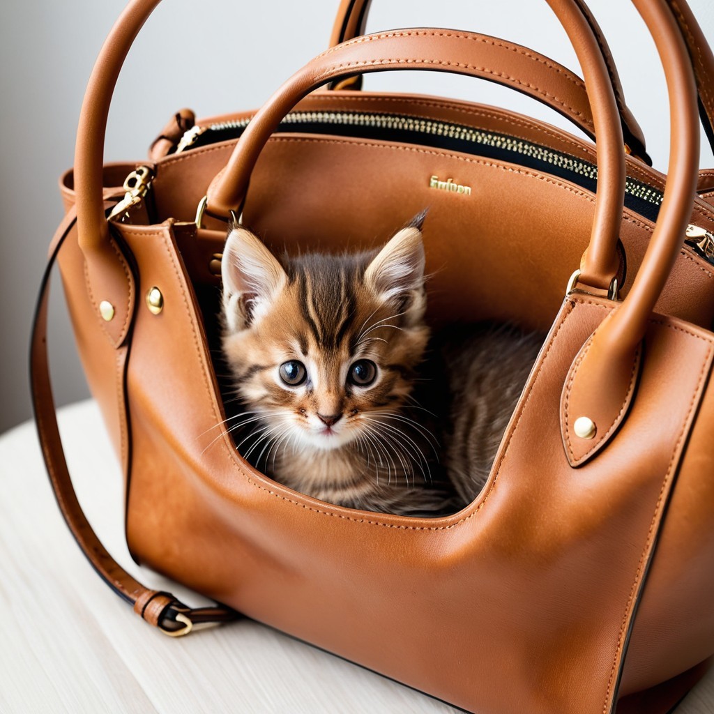 Brown Tabby Kitten in Stylish Handbag Pocket