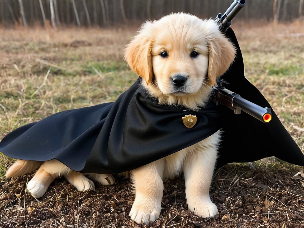 Golden Retriever Puppy in Cape with Toy Gun Outdoors