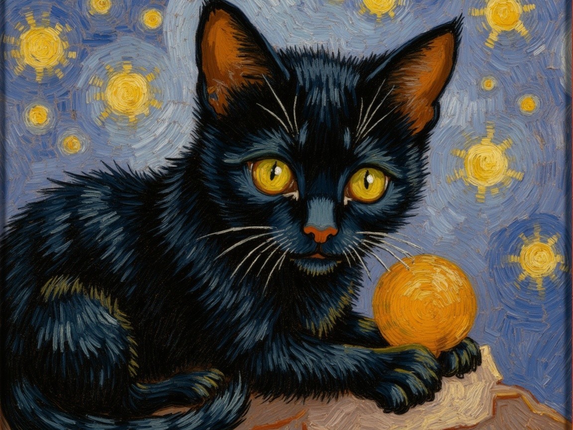 Black Cat with Yellow Eyes and Orange Sphere on Textured Surface