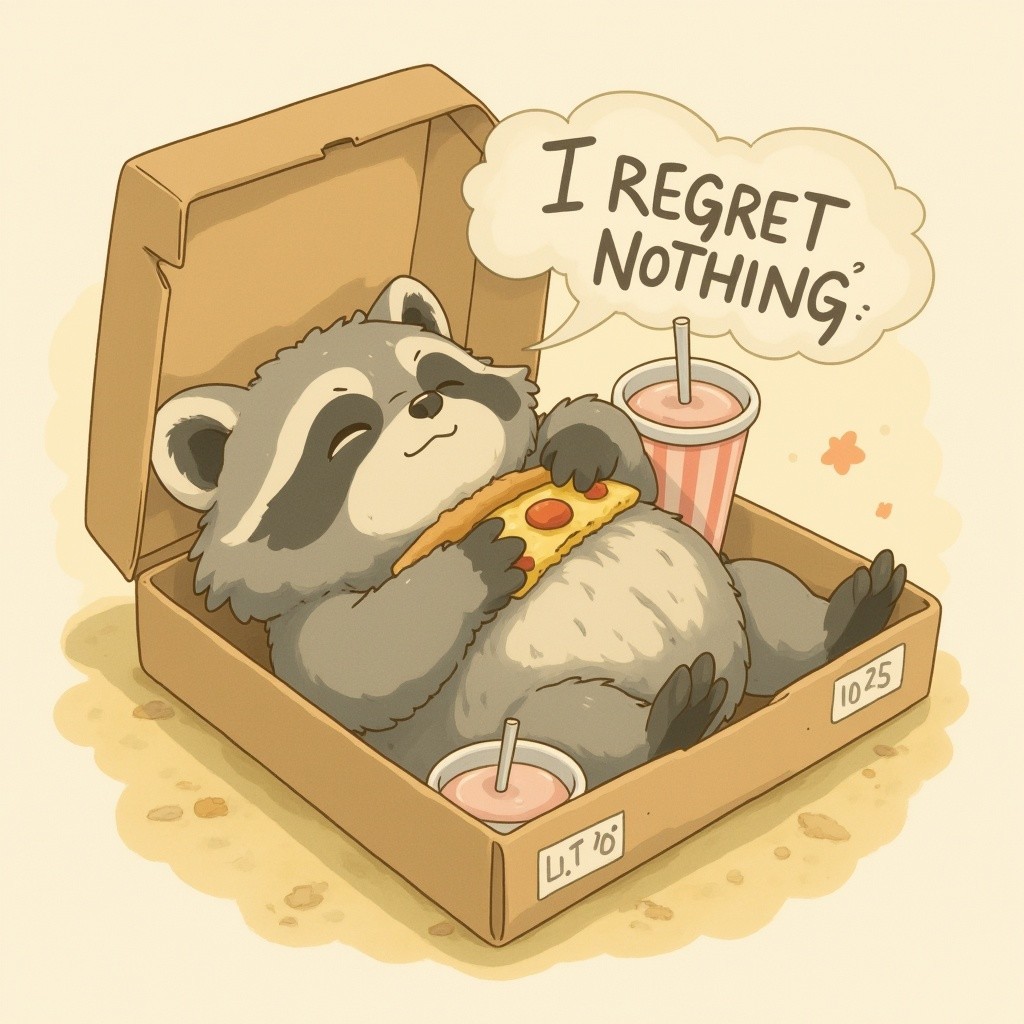 Cartoon Raccoon Relaxing in Pizza Box with Cups