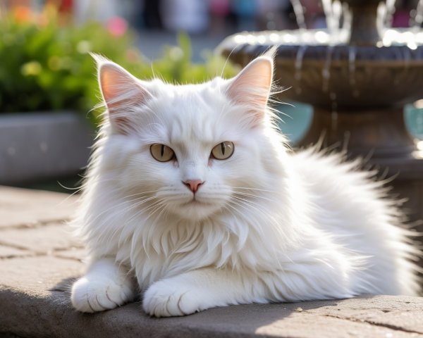 Fluffy White Cat Relaxing on Stone Ledge with Fountain