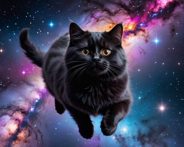 Black Cat in Cosmic Background with Galaxies and Stars