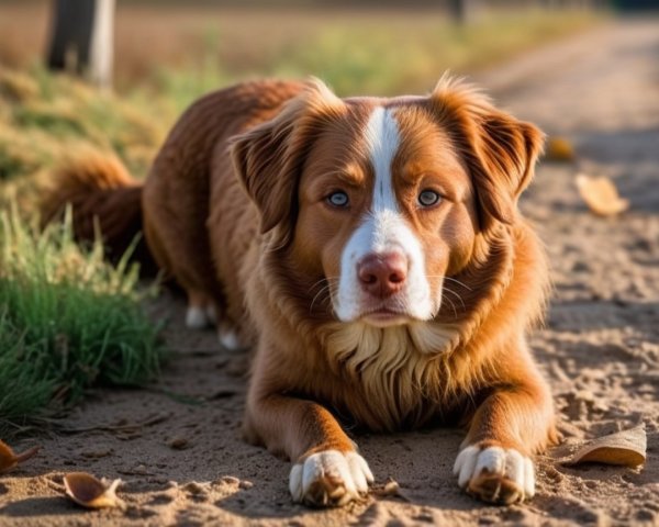 Brown and white dog resting on sandy path outdoors