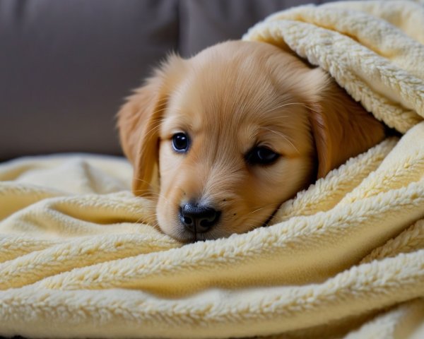 Fluffy Golden Puppy Under Soft Yellow Blanket