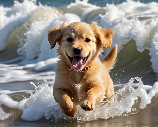 Golden Retriever Puppy Playing in Ocean Waves