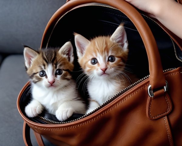 Kittens Peeking from a Stylish Brown Handbag