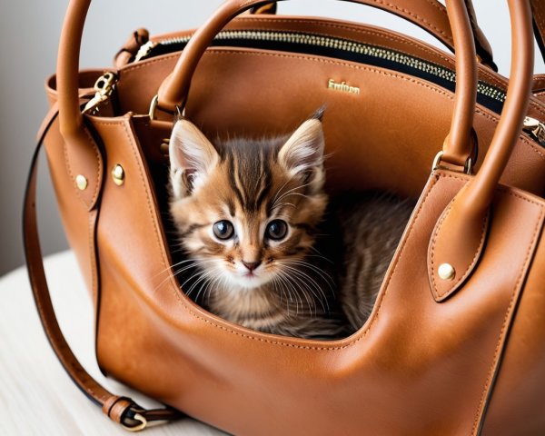 Brown Tabby Kitten in Stylish Handbag Pocket