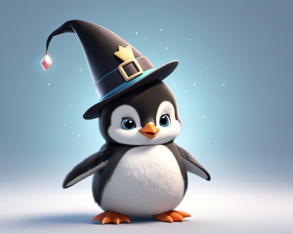 Chubby Penguin in Witch Hat with Whimsical Background