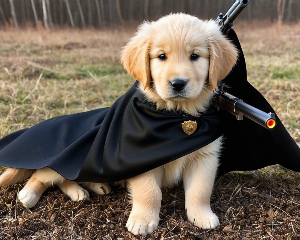 Golden Retriever Puppy in Cape with Toy Gun Outdoors