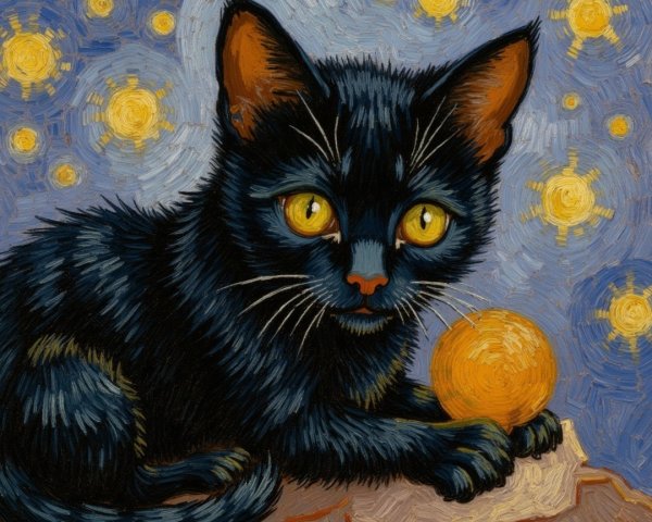 Black Cat with Yellow Eyes and Orange Sphere on Textured Surface