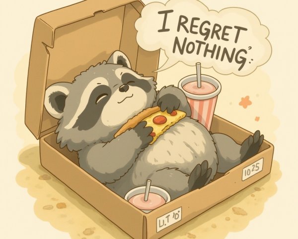 Cartoon Raccoon Relaxing in Pizza Box with Cups