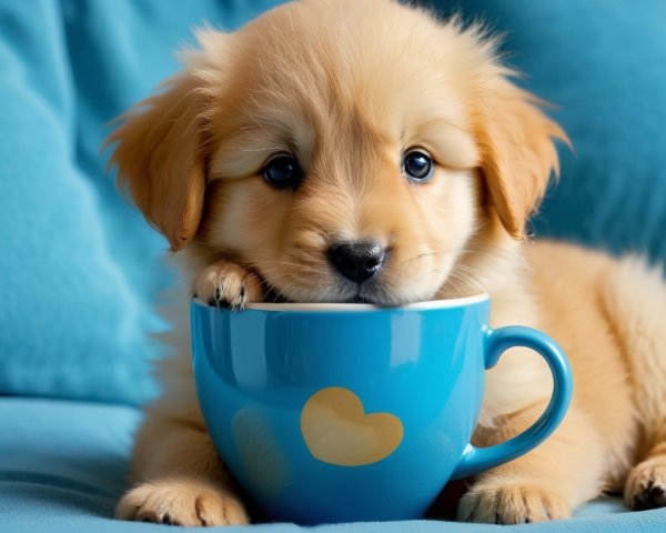 Fluffy Golden Puppy with Blue Cup and Heart Design
