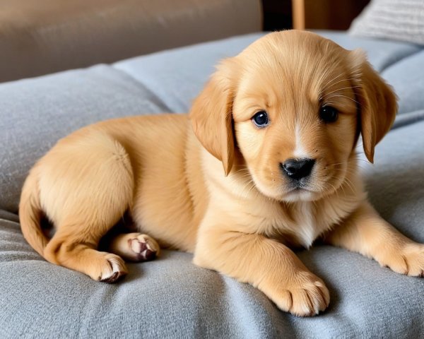 Fluffy golden puppy with blue eyes on soft gray surface