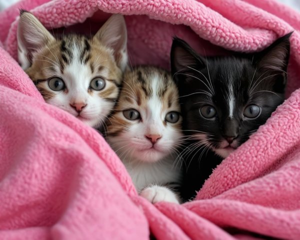 Three Kittens Snuggled Under a Pink Blanket
