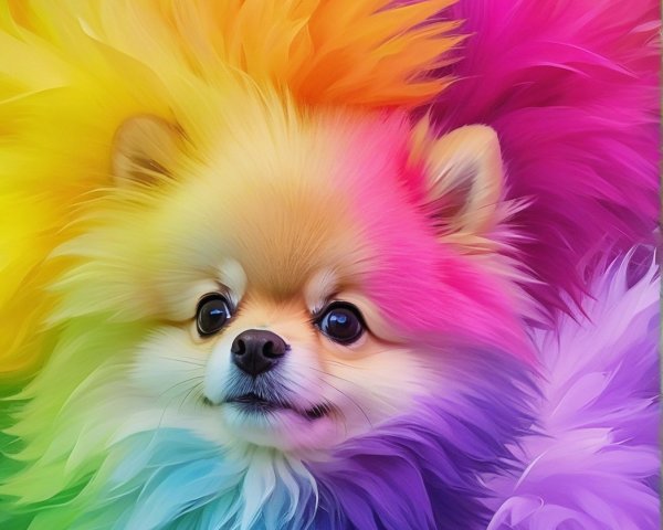 Fluffy Pomeranian Dog with Rainbow-Colored Fur