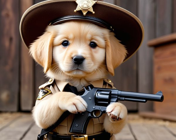 Playful Golden Retriever Puppy in Sheriff Costume