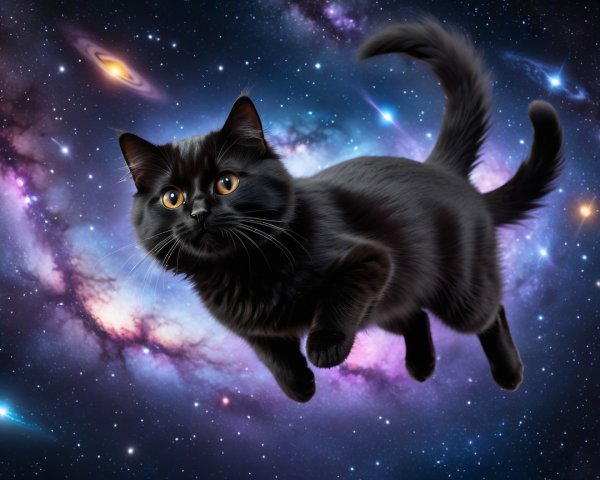 Black Cat in a Vibrant Cosmic Landscape with Galaxies