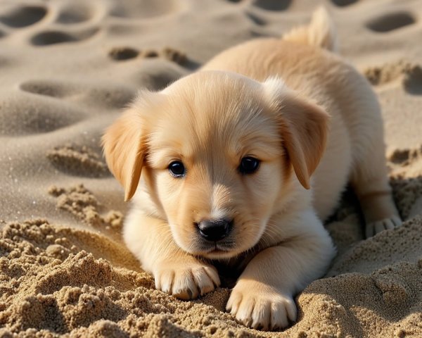 Golden Retriever Puppy on Sandy Beach in Sunlight
