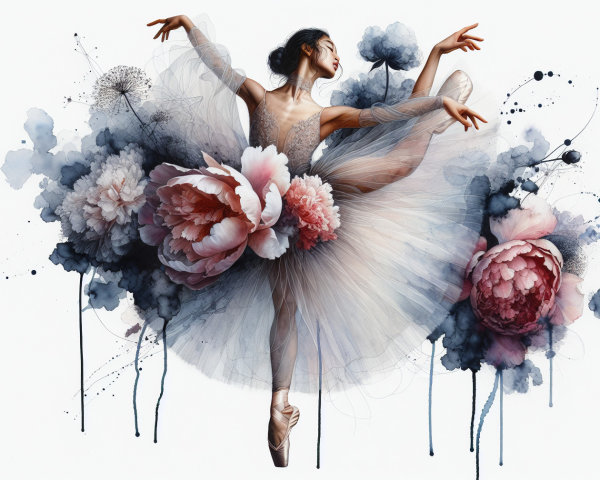 Ballerina in Tutu Surrounded by Peonies and Watercolors