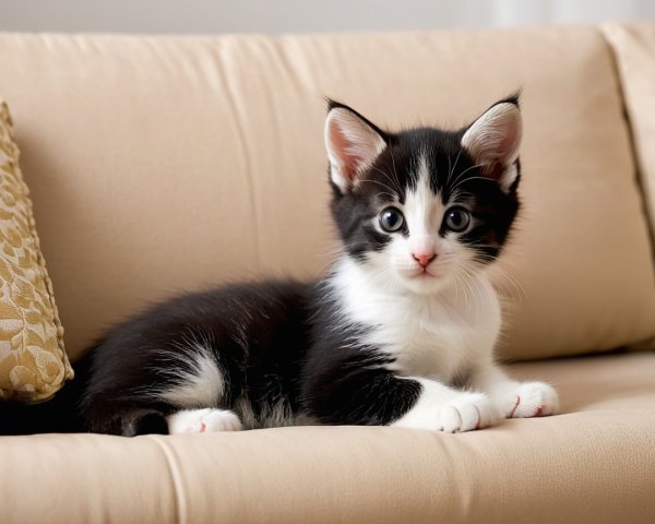 Fluffy Black and White Kitten on Beige Couch
