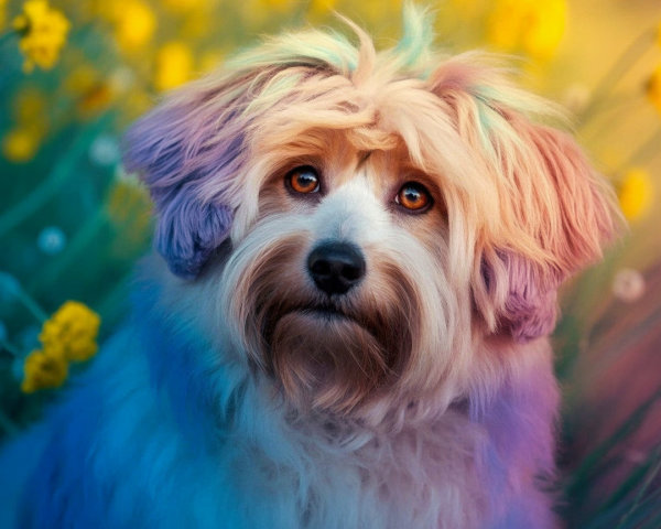 Fluffy Pastel-Colored Dog in Dreamy Floral Setting