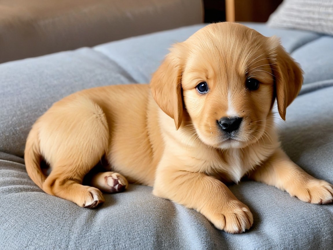 Fluffy golden puppy with blue eyes on soft gray surface