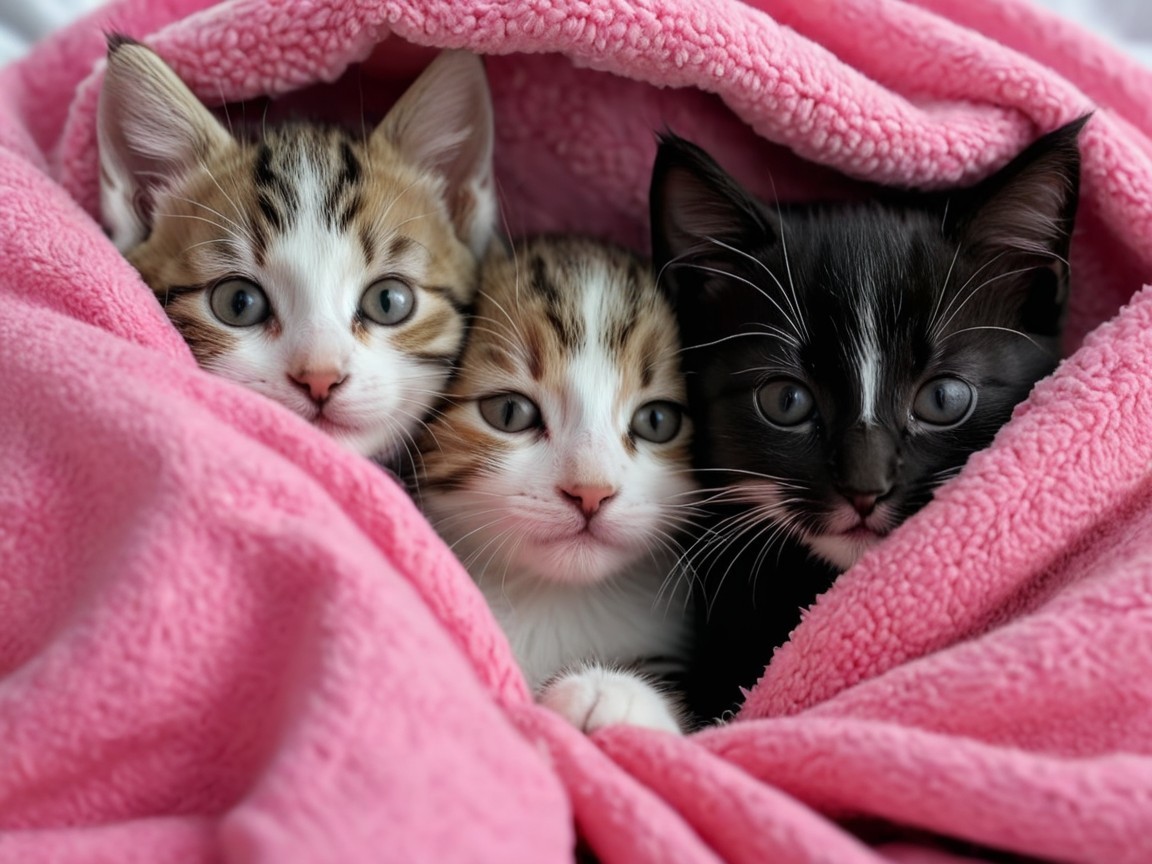 Three Kittens Snuggled Under a Pink Blanket