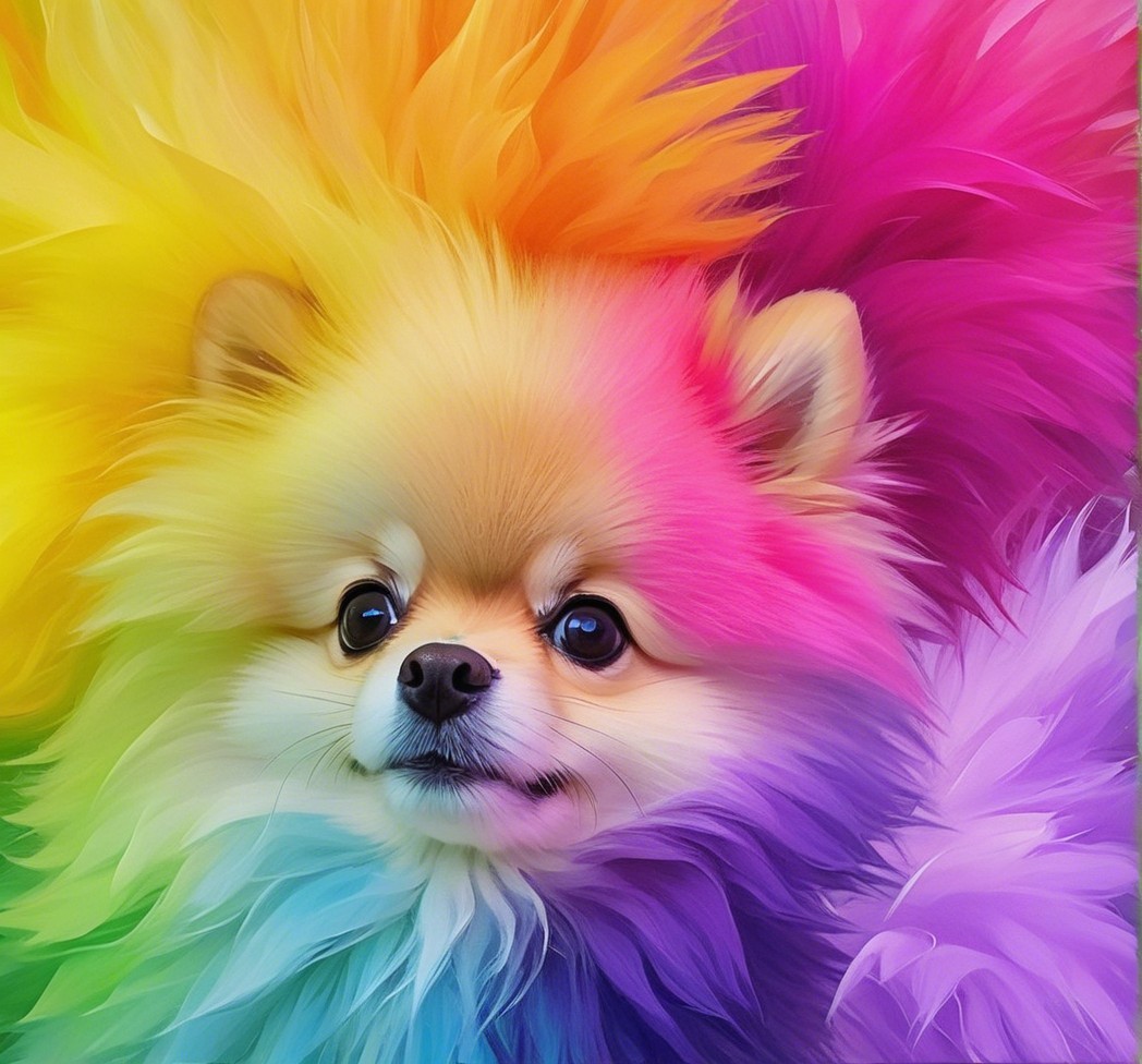 Fluffy Pomeranian Dog with Rainbow-Colored Fur