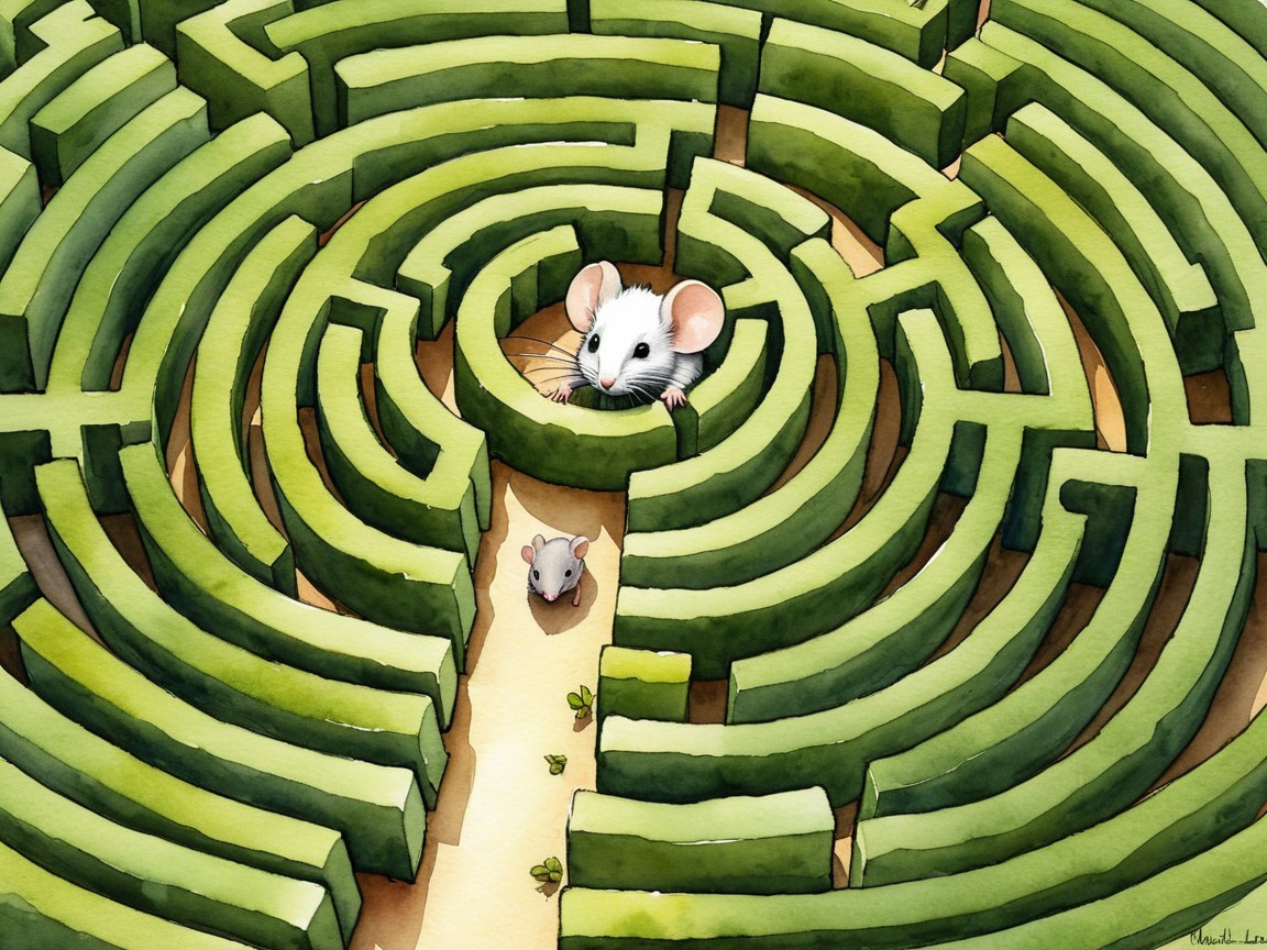 Vibrant Maze with Curious Mice in Whimsical Style