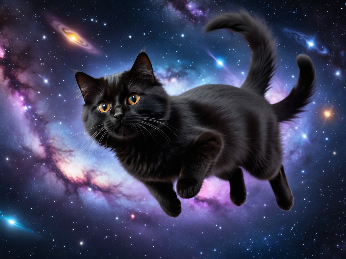 Black Cat in a Vibrant Cosmic Landscape with Galaxies