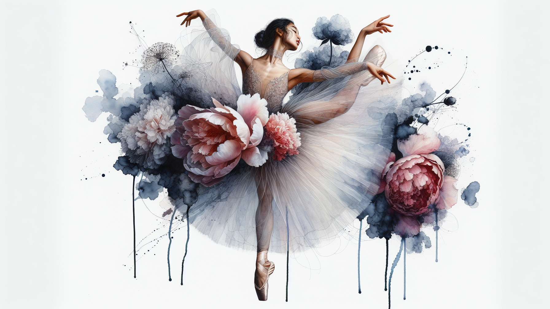 Ballerina in Tutu Surrounded by Peonies and Watercolors