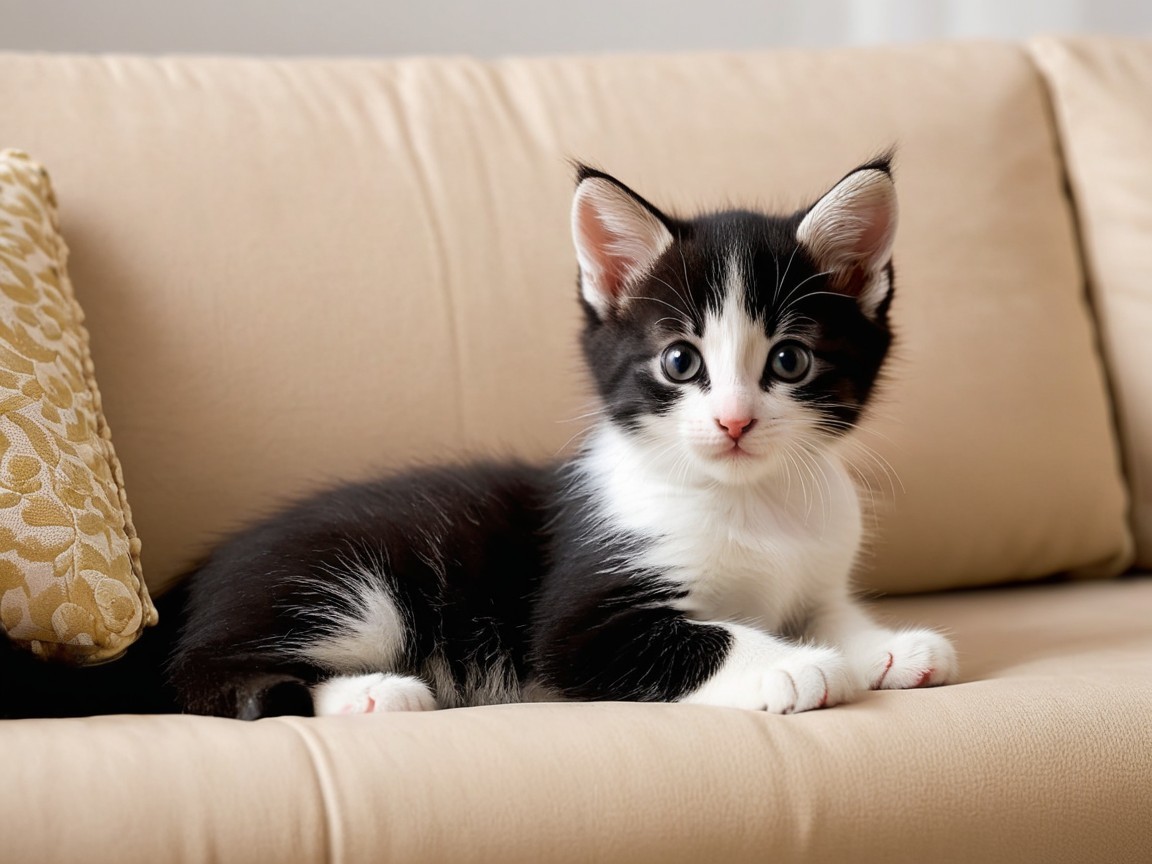 Fluffy Black and White Kitten on Beige Couch