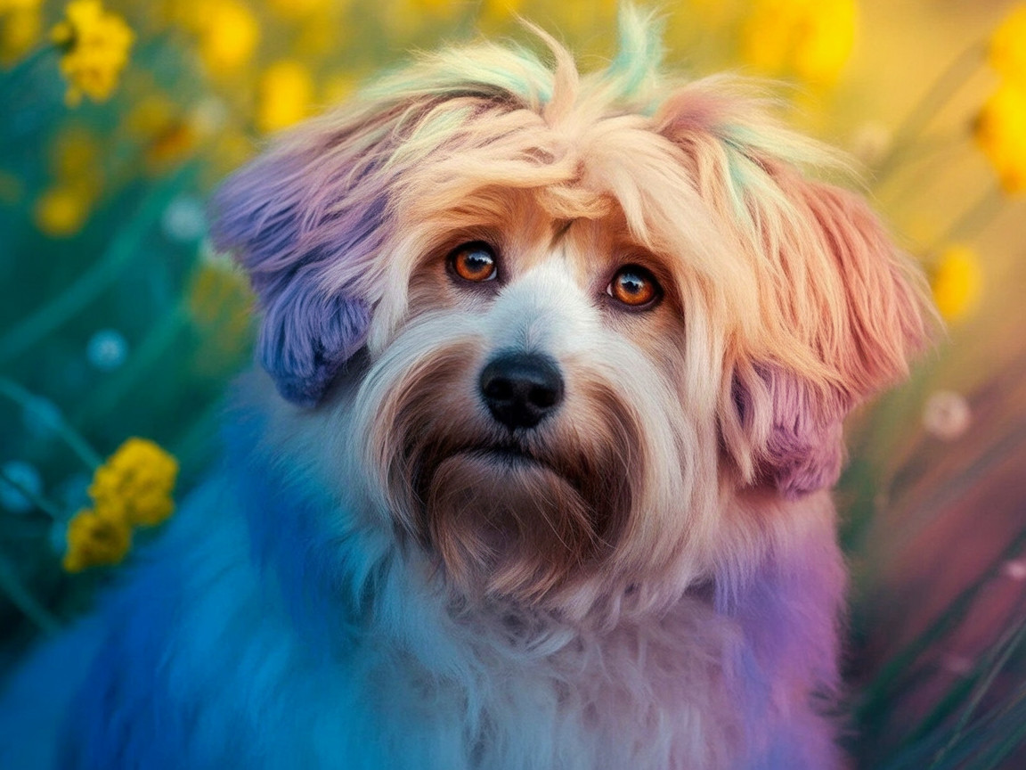 Fluffy Pastel-Colored Dog in Dreamy Floral Setting