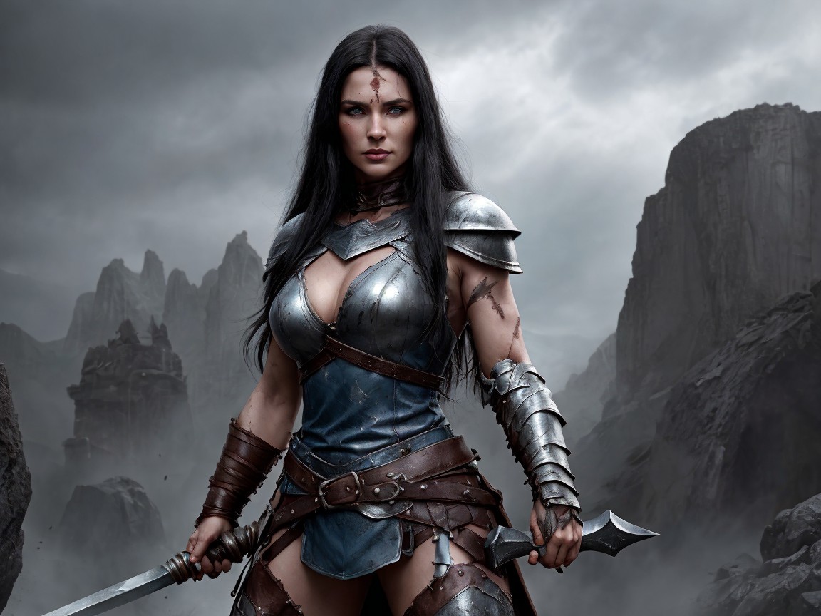 Fierce Warrior in Dramatic Misty Landscape with Armor