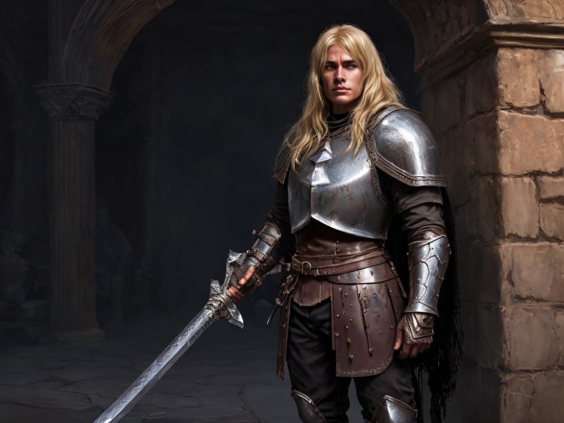 Heroic figure in ornate silver armor with sword