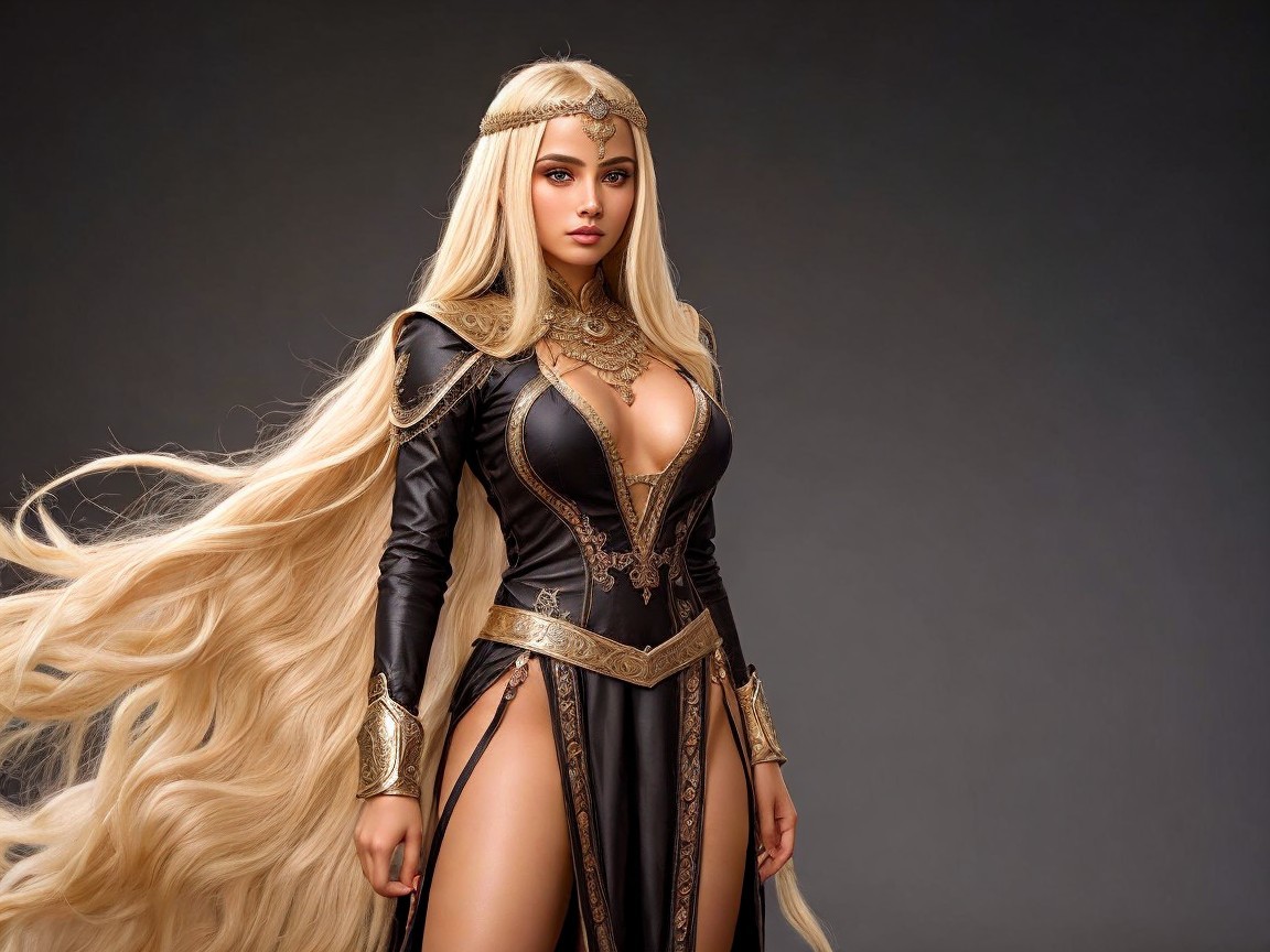 Character in Dark Outfit with Gold Accents and Pose