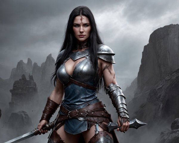Fierce Warrior in Dramatic Misty Landscape with Armor